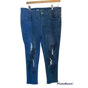 Diane Gilman dark wash distressed jeans with beading embellishment  Sz. 12